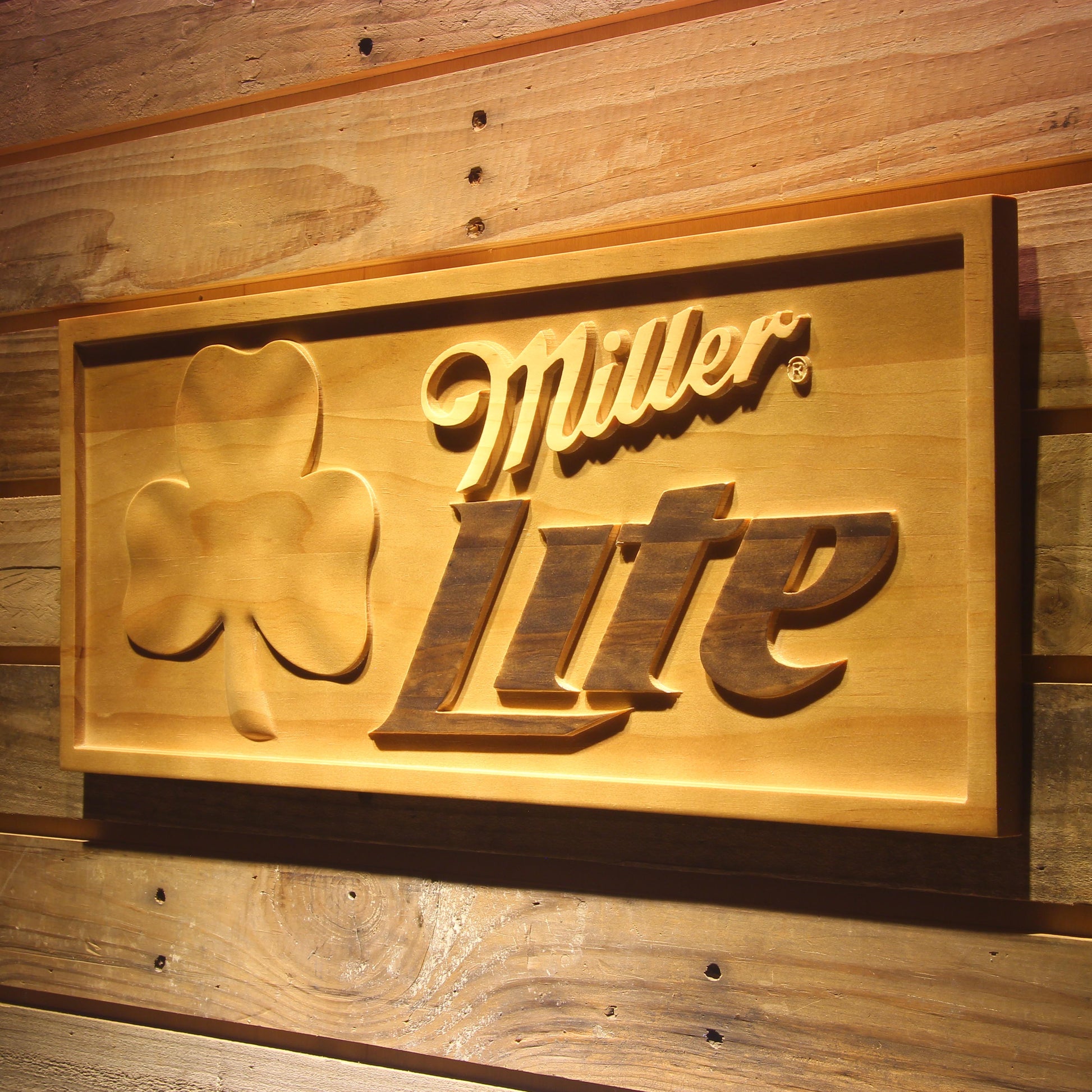 Miller Light Shamrock  3D Wooden Bar Signs by Woody Signs Co. - Handmade Crafted Unique Wooden Creative