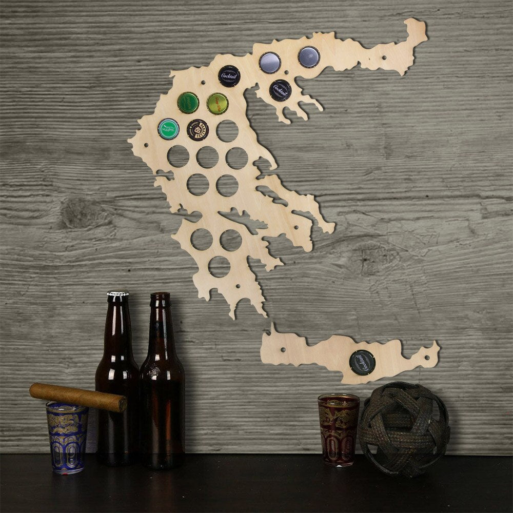 Caps Collection Gadgets Greece Bottle Cap Map Wooden Laser Engraved Maps Decoration by Woody Signs Co. - Handmade Crafted Unique Wooden Creative