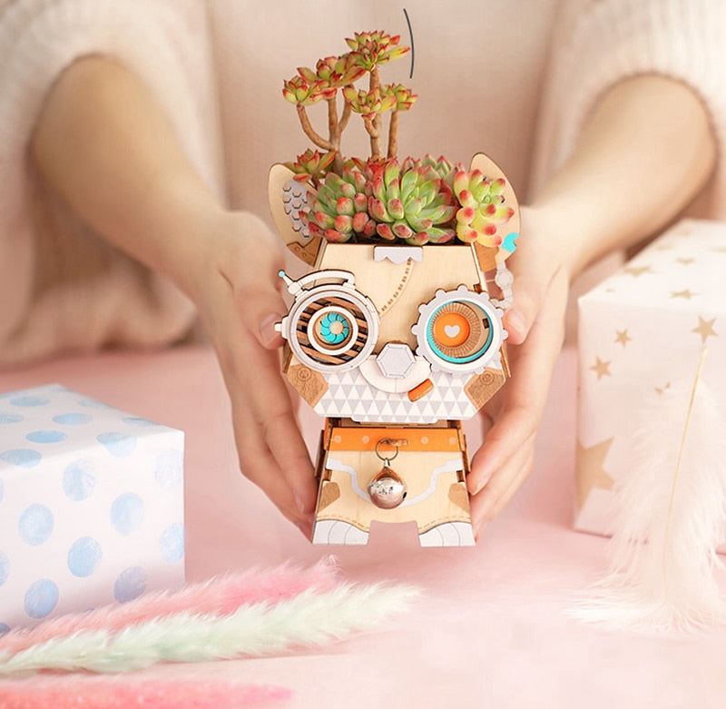 3D Wooden Robot Puzzle Game Creative Flower Pot Storage Box Penholder Models for Children Adult FT761 by Woody Signs Co. - Handmade Crafted Unique Wooden Creative