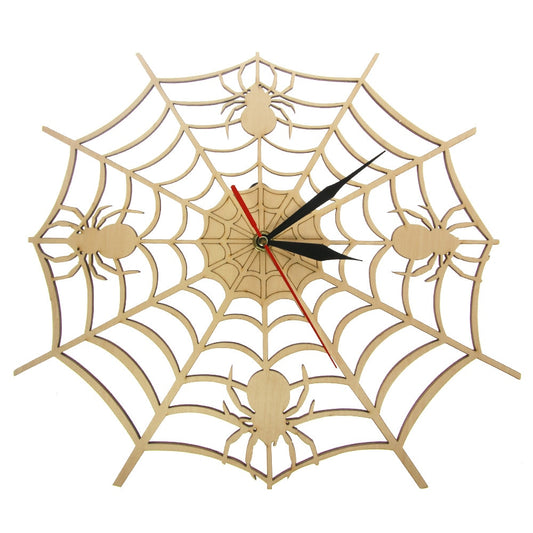 Modern Cob Web Wall Clock in Natural Wood Halloween Nightmare Creepy Spider Wooden Wall Clock Onyx Man Cave by Woody Signs Co. - Handmade Crafted Unique Wooden Creative