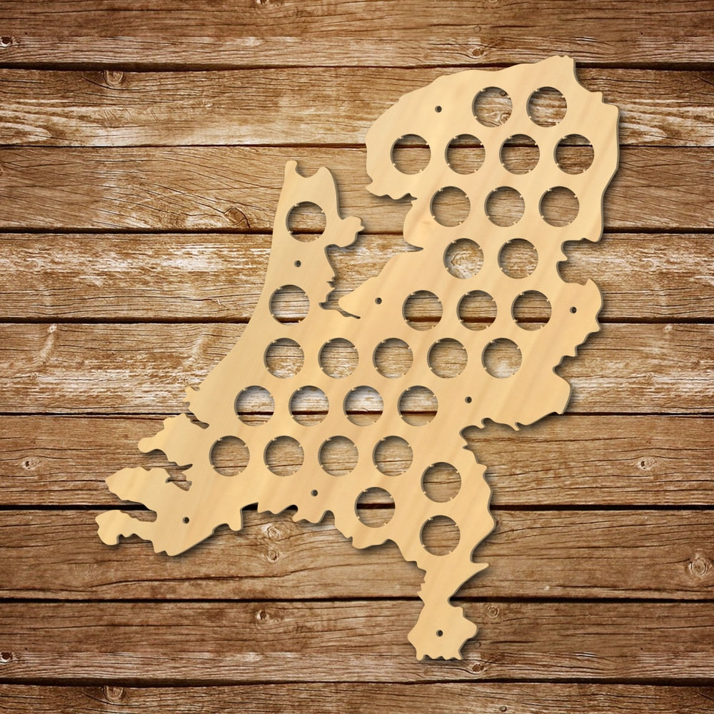 Netherlands Cap Map Patriotic Wooden Wall Sign Map Of Holland Bottle Cap Display Holder Dutch Man Cave Lover by Woody Signs Co. - Handmade Crafted Unique Wooden Creative