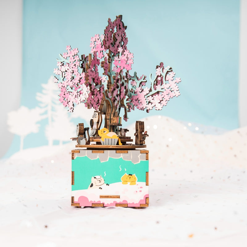 148pcs Rotatable DIY 3D Cherry Tree Cat Wooden Puzzle Game Assembly Music Box Toy Gift for Children Kids Adult AM409 by Woody Signs Co. - Handmade Crafted Unique Wooden Creative