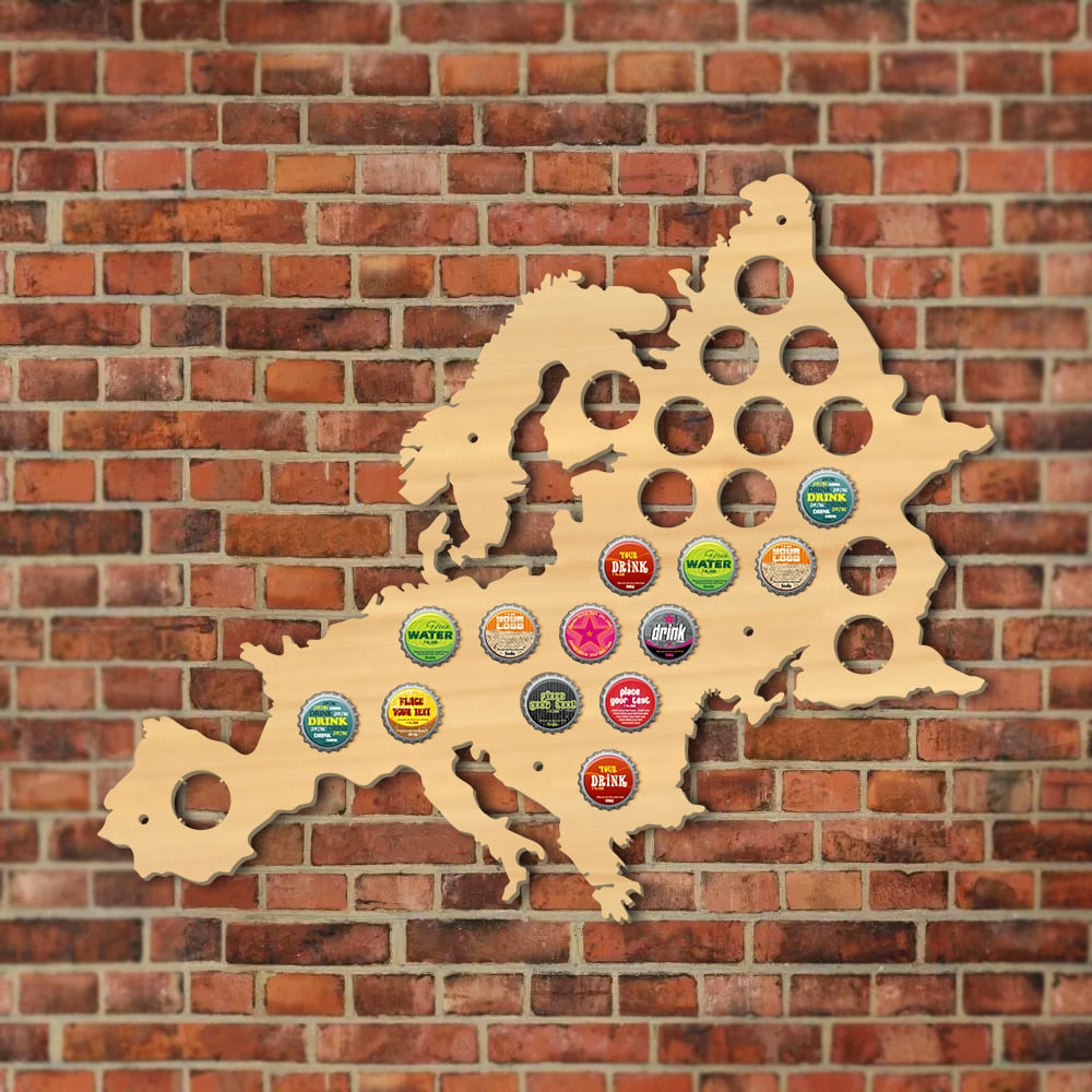 European Cap Map Pub Bar Wooden Wall Sign Bottle Cap Display Holder Euro Wood Map Cap Catcher Man Cave Lover Gift by Woody Signs Co. - Handmade Crafted Unique Wooden Creative