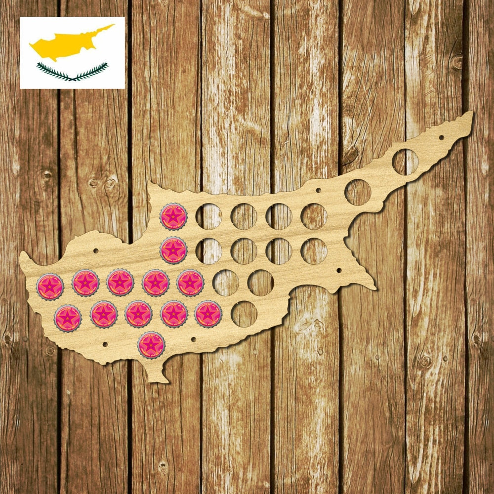 Cyprus Cap Map Wooden Craft Cap Display Wall Art Wood Lover Cap Collectors Gift Drink Up Cap Trap Hanger by Woody Signs Co. - Handmade Crafted Unique Wooden Creative