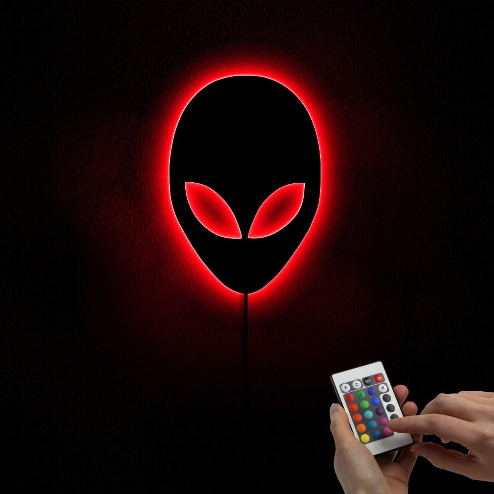 Alien Head Wall Mirror  Modern Design Martians  Mirror With LED Backlight Saucer Man Hanging Acrylic Mirror by Woody Signs Co. - Handmade Crafted Unique Wooden Creative