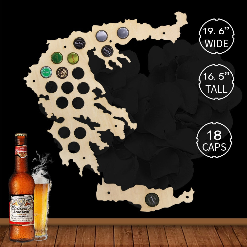 Greek Caps Holder Patriotic Collection Gadgets Greece Bottle Cap Map Wooden Laser Engraved Maps Decoration by Woody Signs Co. - Handmade Crafted Unique Wooden Creative