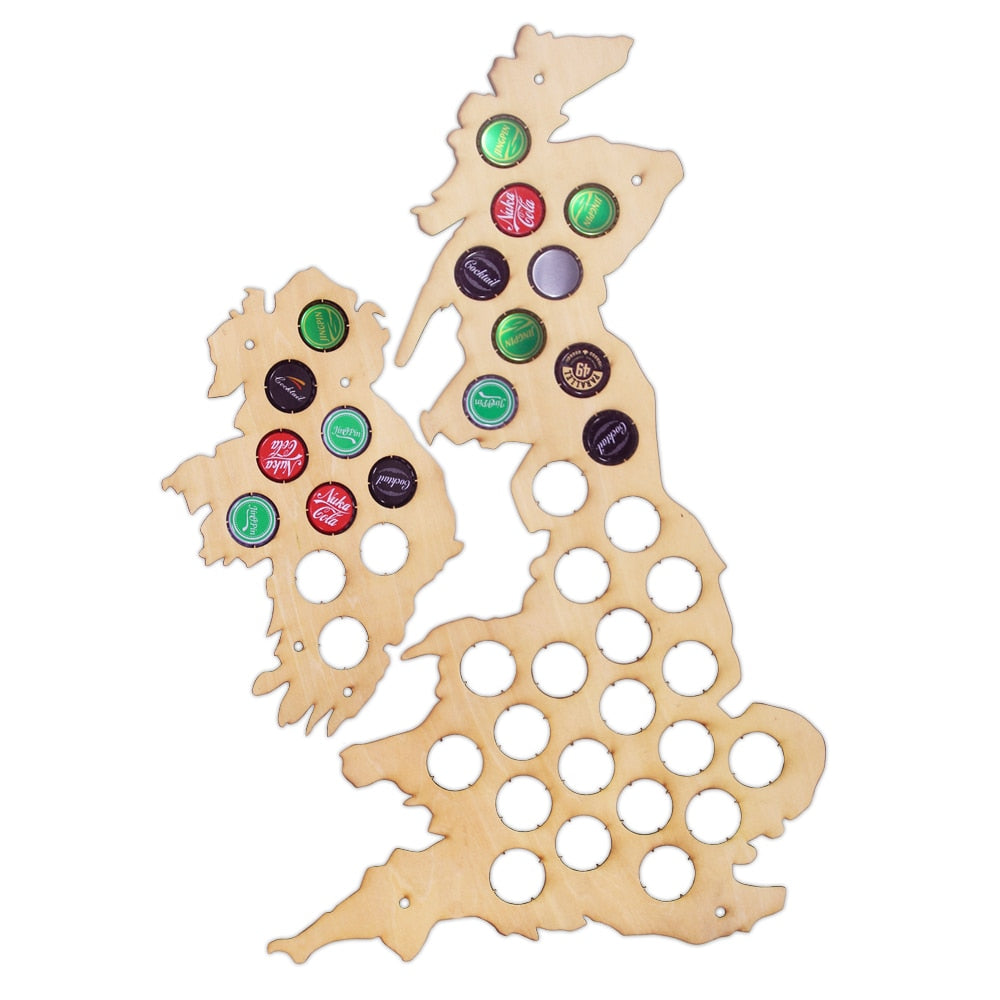 UK Cap Map Bottle Cap Holder Collection Art United Kingdom Cap Map Display Great Britain Wood Map Lover by Woody Signs Co. - Handmade Crafted Unique Wooden Creative