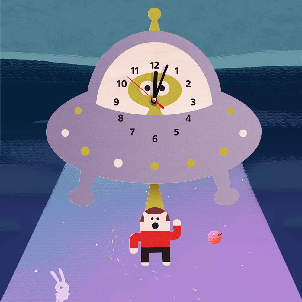 Alien Abduction Wall Clock Flying Saucer Outer Space UFO Abducting Pendulum Wooden Wall Clock Kid Room Decoration Geek Gift by Woody Signs Co. - Handmade Crafted Unique Wooden Creative