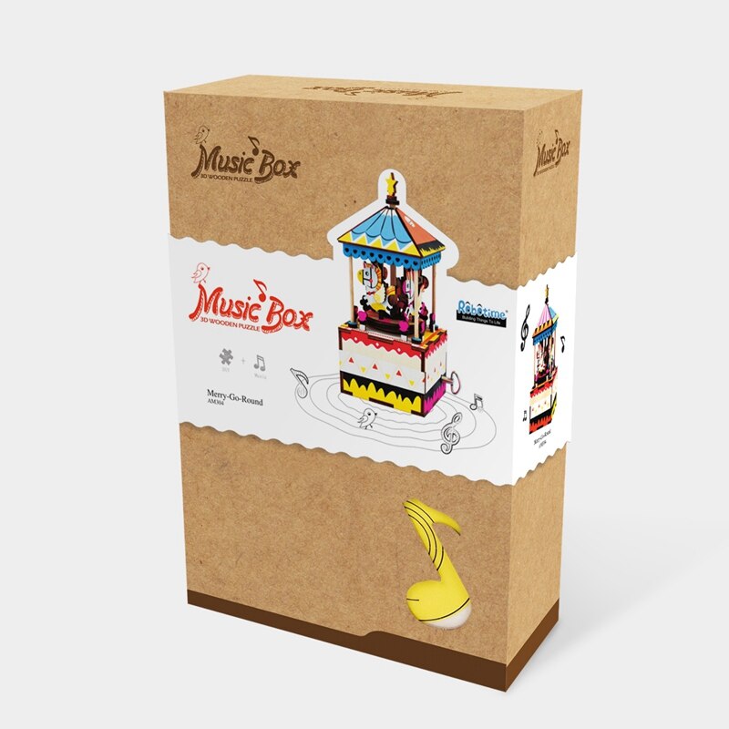 DIY Merry-go-round 3D Wooden Puzzle Game Assembly Rotatable Music Box Toy Gift for Children Adult AM304 by Woody Signs Co. - Handmade Crafted Unique Wooden Creative