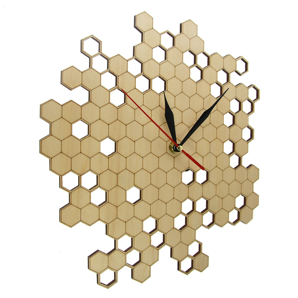 Honeycomb Nature Inspired Wooden Wall Clock Contemporary Style Laser Engraved Hexagonal Clock Bamboo Bee by Woody Signs Co. - Handmade Crafted Unique Wooden Creative