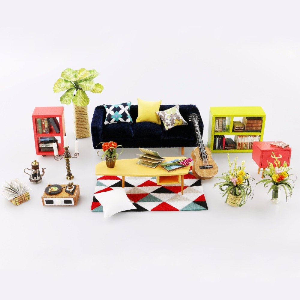DIY Locus Sitting Room with Furniture Miniature Wooden Doll House DG106 by Woody Signs Co. - Handmade Crafted Unique Wooden Creative