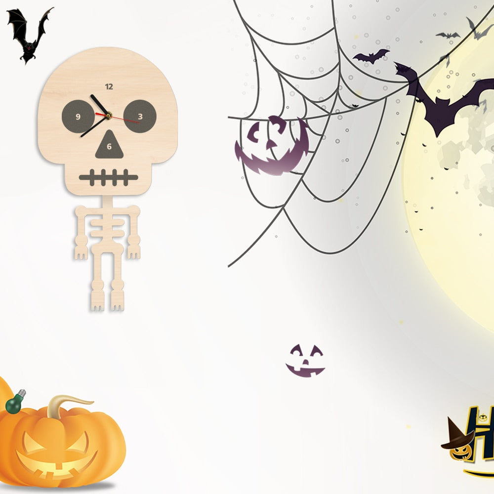 Cartoon Skeleton Wall Clock With Swinging Body Bone Pendulum Halloween Kid Room Hanging Skeleton Skull by Woody Signs Co. - Handmade Crafted Unique Wooden Creative