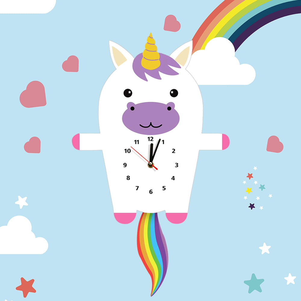 Magical Unicorn Wall Clock With Pendulum Tail Wooden Wall Clock Unicorn Decor Princess Nursery Kids Bedroom Wall Clock by Woody Signs Co. - Handmade Crafted Unique Wooden Creative