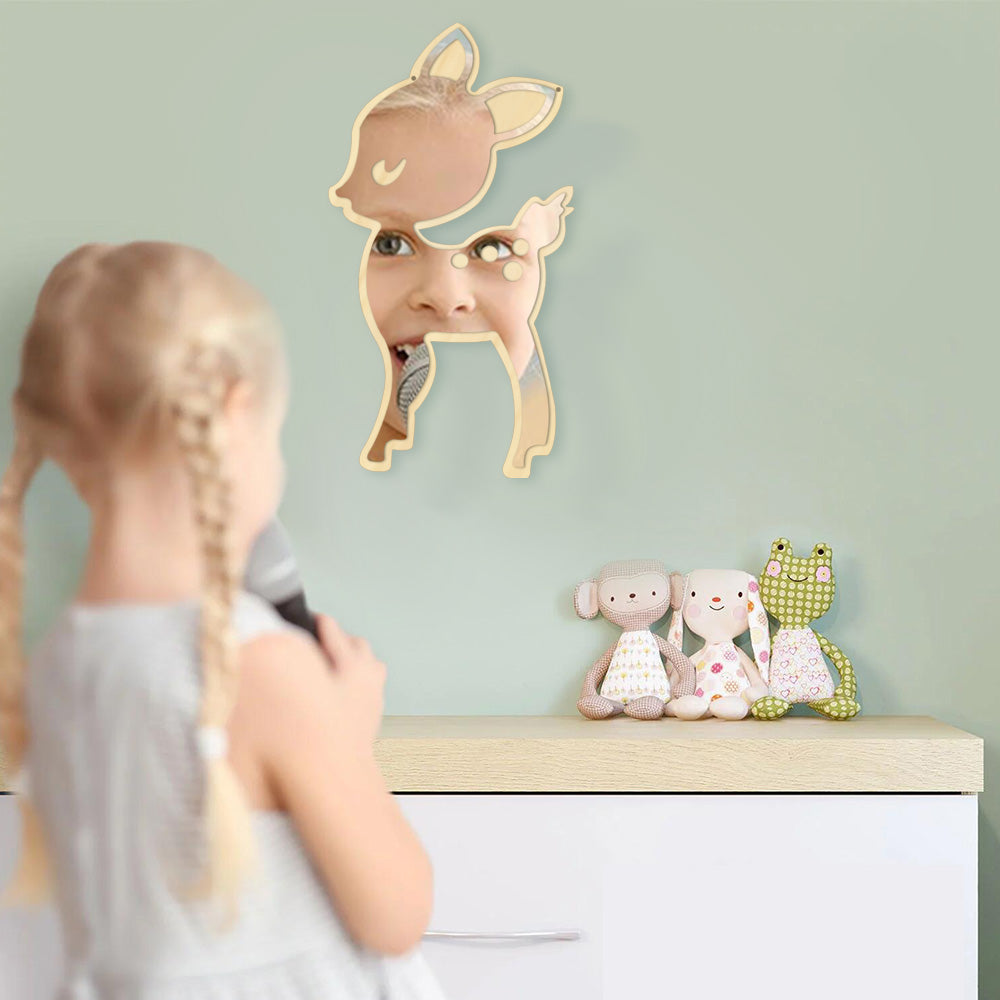 Cartoon Style Little Deer Acrylic Mirror and Wooden Back Nursery Baby Kid Room Decoration Hanging Wall Mirror Newborn Gift by Woody Signs Co. - Handmade Crafted Unique Wooden Creative