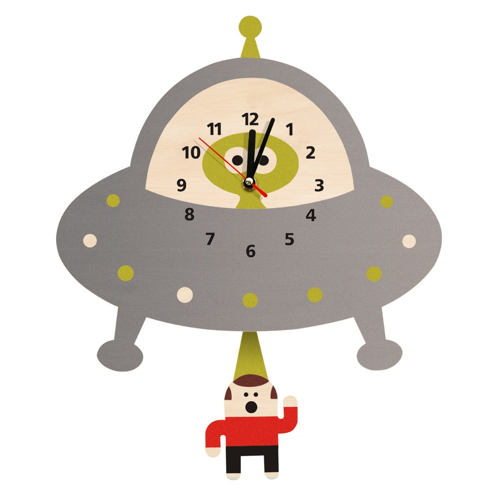 Alien Abduction Wall Clock Flying Saucer Outer Space UFO Abducting Pendulum Wooden Wall Clock Kid Room Decoration Geek Gift by Woody Signs Co. - Handmade Crafted Unique Wooden Creative