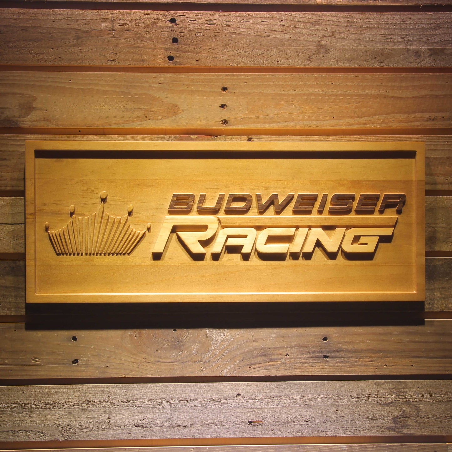 Budweiser Racing Car 3D Wooden Bar Signs by Woody Signs Co. - Handmade Crafted Unique Wooden Creative