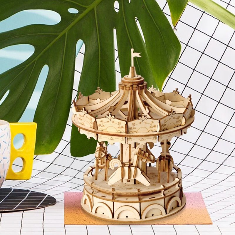 DIY 3D Wooden Merry-Go-Round Puzzle Game Gift for Kid Friend Nice Decor Popular TG404 by Woody Signs Co. - Handmade Crafted Unique Wooden Creative
