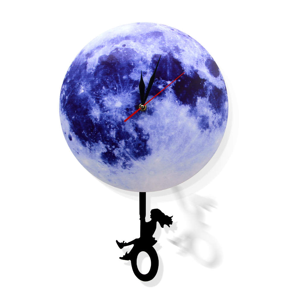 Blue Moon Swinging Pendulum Clock Astronomy  Funny Wall Clock Lunar Blue Moon Clock with Swinging Silhouette Pendulum by Woody Signs Co. - Handmade Crafted Unique Wooden Creative