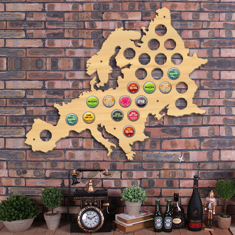 European Cap Map Pub Bar Wooden Wall Sign Bottle Cap Display Holder Euro Wood Map Cap Catcher Man Cave Lover Gift by Woody Signs Co. - Handmade Crafted Unique Wooden Creative