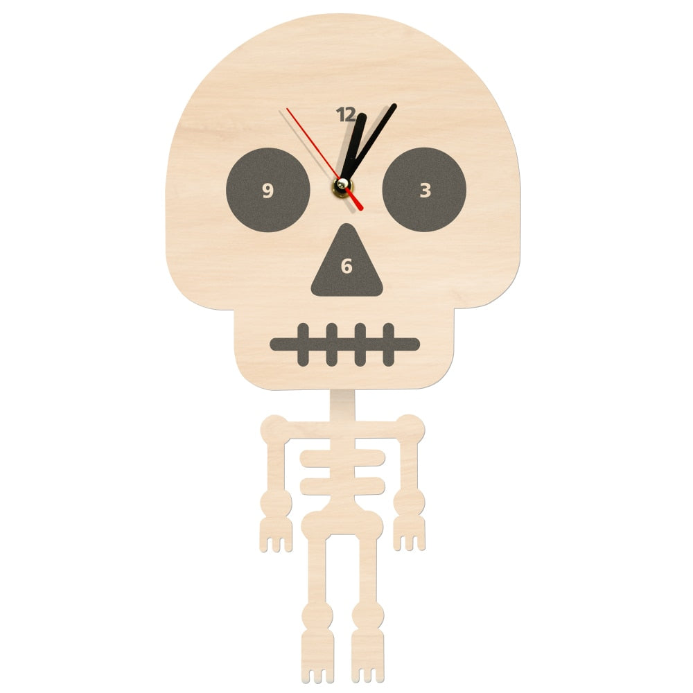 Cartoon Skeleton Wall Clock With Swinging Body Bone Pendulum Halloween Kid Room Hanging Skeleton Skull by Woody Signs Co. - Handmade Crafted Unique Wooden Creative
