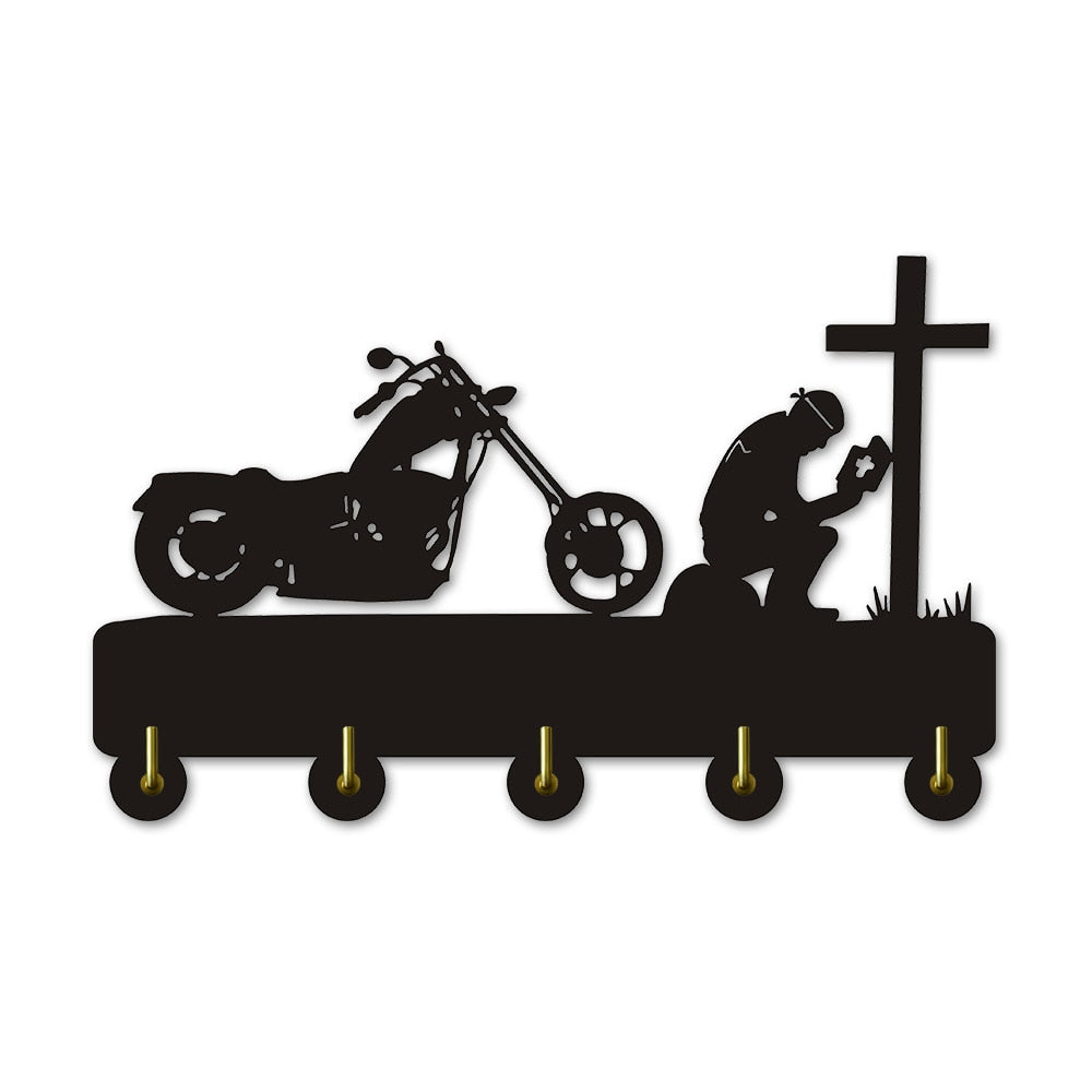 Biker Praying At Cross Motorcycle Wall Hook For Clothes Bag Keyring Creative Hanger Motorbike Riders Motorcyclist by Woody Signs Co. - Handmade Crafted Unique Wooden Creative