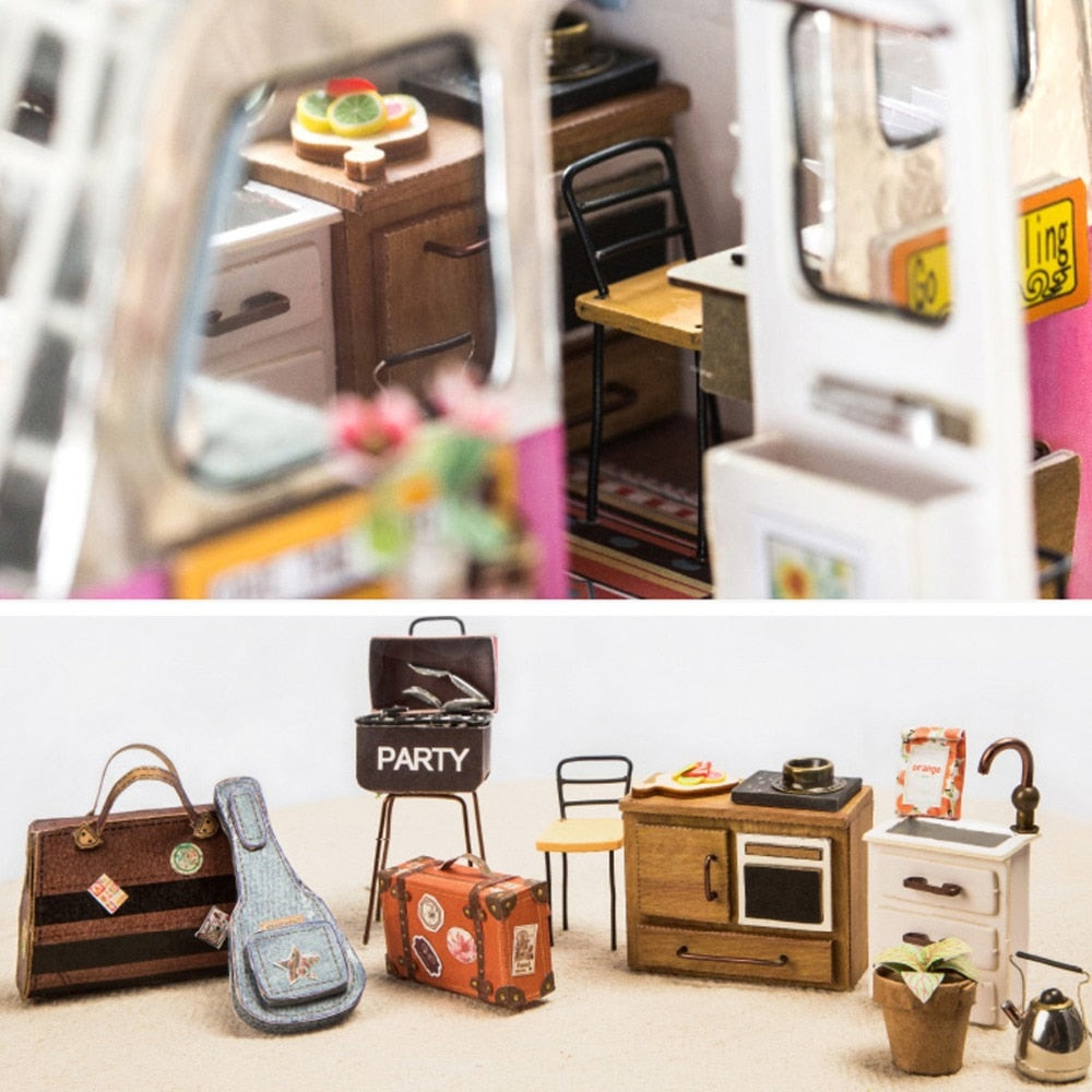 DIY Happy Camper with Furniture Miniature Wooden Doll House Model DGM04 by Woody Signs Co. - Handmade Crafted Unique Wooden Creative