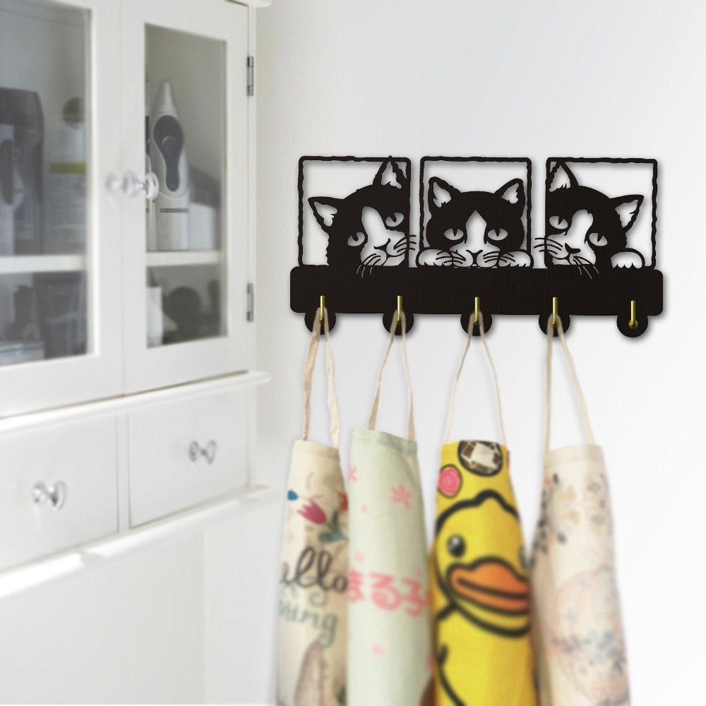 Peeping Cat 3D Hook Rails Triple With Lovley Cat Theme Clothing Hook Rack Hanger Decoration by Woody Signs Co. - Handmade Crafted Unique Wooden Creative