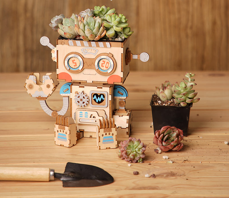 3D Wooden Robot Puzzle Game Creative Flower Pot Storage Box Penholder Models for Children Adult FT761 by Woody Signs Co. - Handmade Crafted Unique Wooden Creative