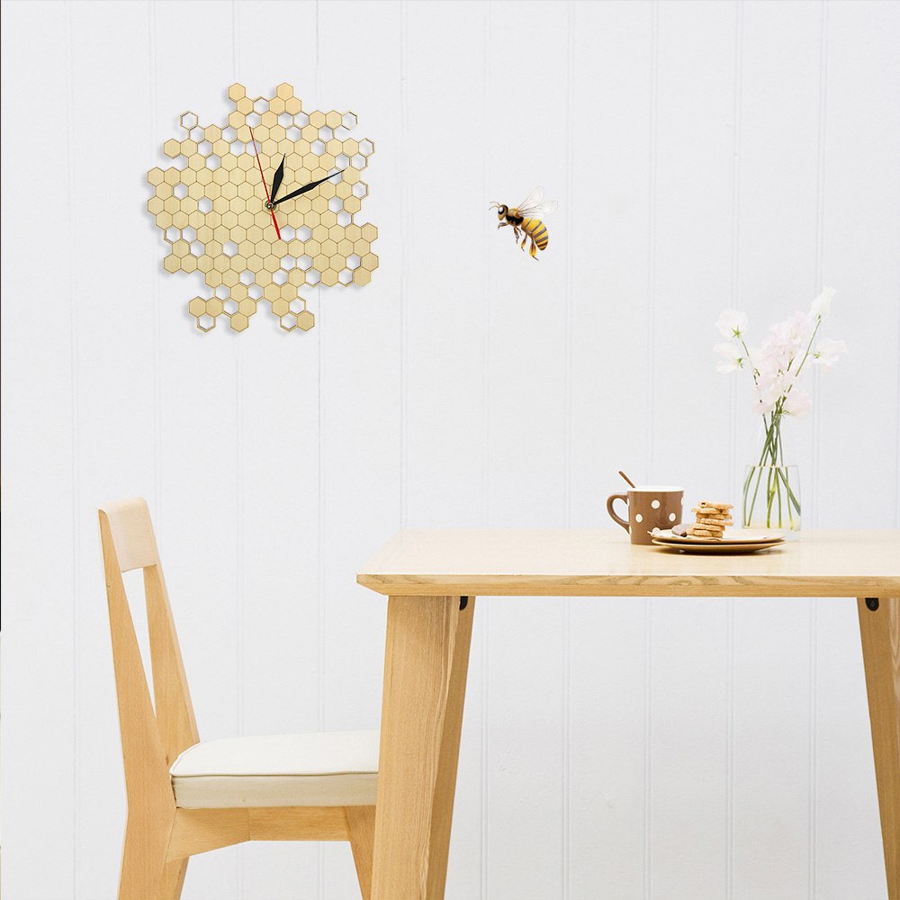 Honeycomb Nature Inspired Wooden Wall Clock Contemporary Style Laser Engraved Hexagonal Clock Bamboo Bee by Woody Signs Co. - Handmade Crafted Unique Wooden Creative