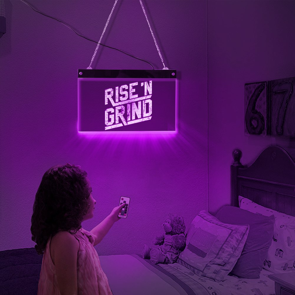 Rise and Grind Custom LED Neon Sign Personalised Inspirational Quote Lighting Lamp Workout Fitness GYM Coffee Bar Light by Woody Signs Co. - Handmade Crafted Unique Wooden Creative