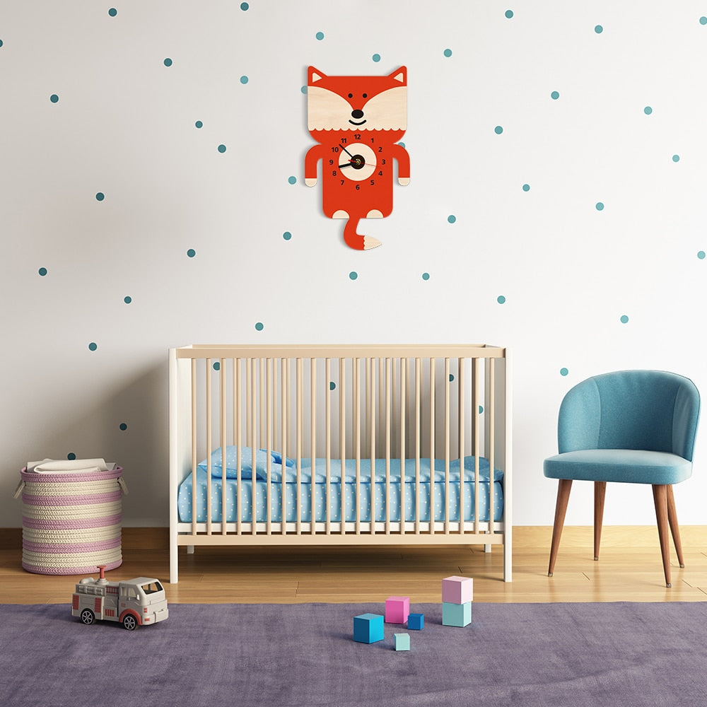 Adorable Fox Wooden Wall Clock With Tail Pendulum Woodland Animal Nursery Modern Fox Loveer Gift by Woody Signs Co. - Handmade Crafted Unique Wooden Creative