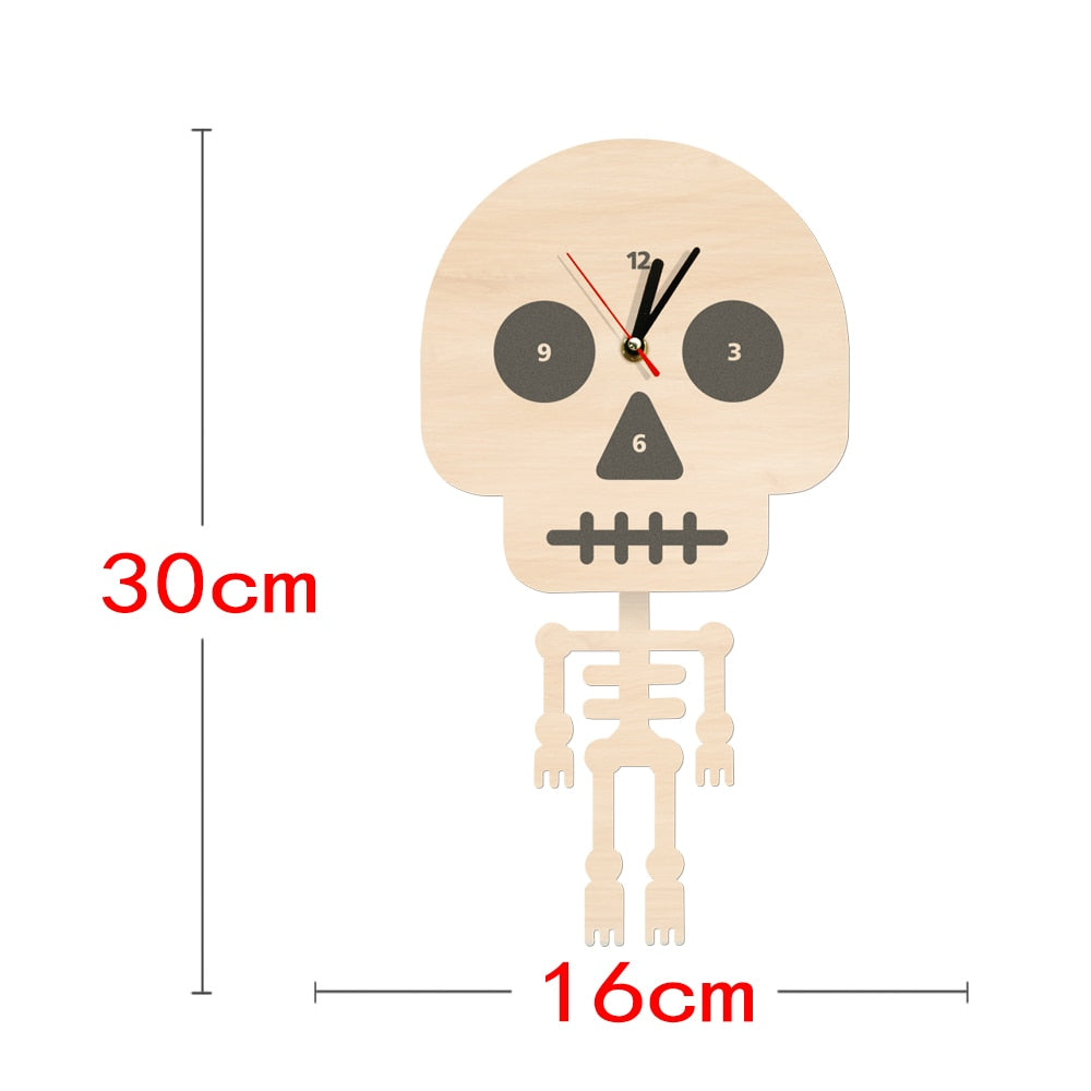 Cartoon Skeleton Wall Clock With Swinging Body Bone Pendulum Halloween Kid Room Hanging Skeleton Skull by Woody Signs Co. - Handmade Crafted Unique Wooden Creative