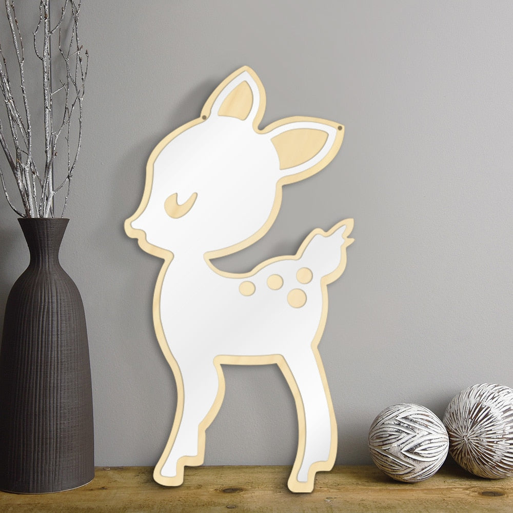 Cartoon Style Little Deer Acrylic Mirror and Wooden Back Nursery Baby Kid Room Decoration Hanging Wall Mirror Newborn Gift by Woody Signs Co. - Handmade Crafted Unique Wooden Creative