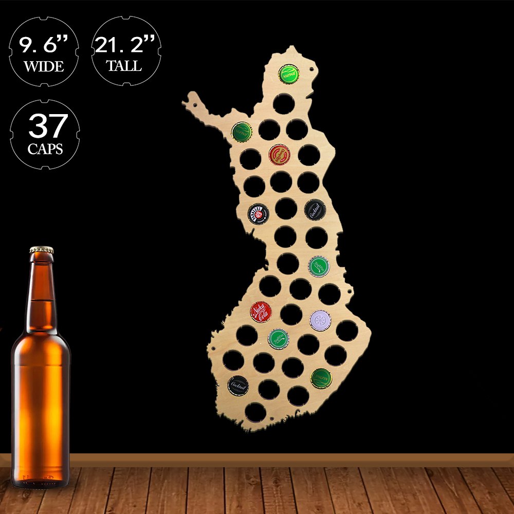 European Country Suomen Tasavalta Finland Cap Map Patriotic Bottle Cap Map Catcher Caps Collection by Woody Signs Co. - Handmade Crafted Unique Wooden Creative