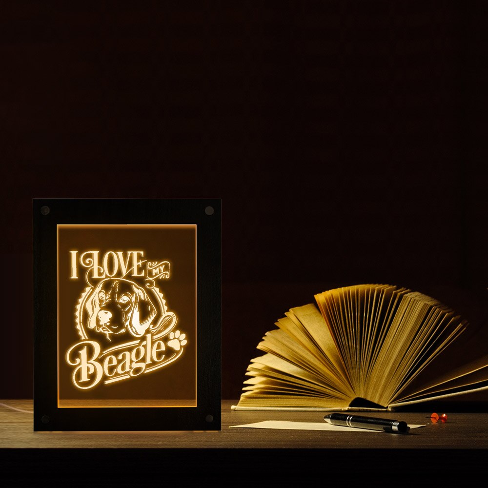 I Love My Beagle Handmade Picture Frame LED Sleepy Bedside Lamp English Beagle Puppy Dog Pet Lighting Frame Decor by Woody Signs Co. - Handmade Crafted Unique Wooden Creative