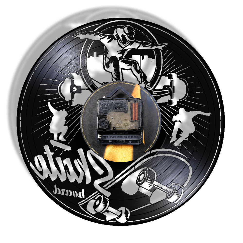 Skate Board Black Vinyl LP Wall Clock Skateboard Roller Skaters Vinyl Record Board Teenage Room Silent Quartz Clock by Woody Signs Co. - Handmade Crafted Unique Wooden Creative