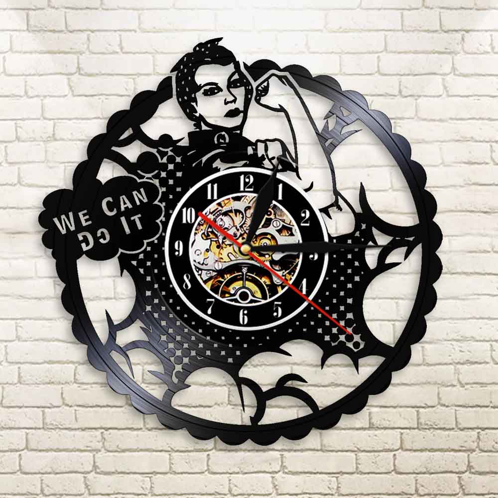 We Can Do It Girl Power Rosie the Riveter Feminist Modern Wall Clock Strong Woman Protest Signs Vinyl Record Clock by Woody Signs Co. - Handmade Crafted Unique Wooden Creative