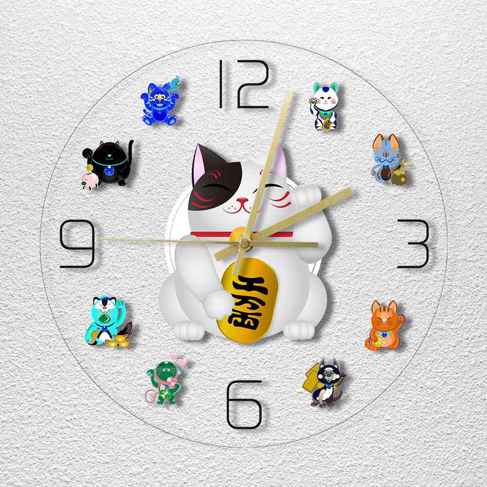 Maneki Neko Fortune Cat Cartoon Wall Clock Japanese Beckoning Cat Quiet Sweep Cute Lucky Cat Timepiece by Woody Signs Co. - Handmade Crafted Unique Wooden Creative