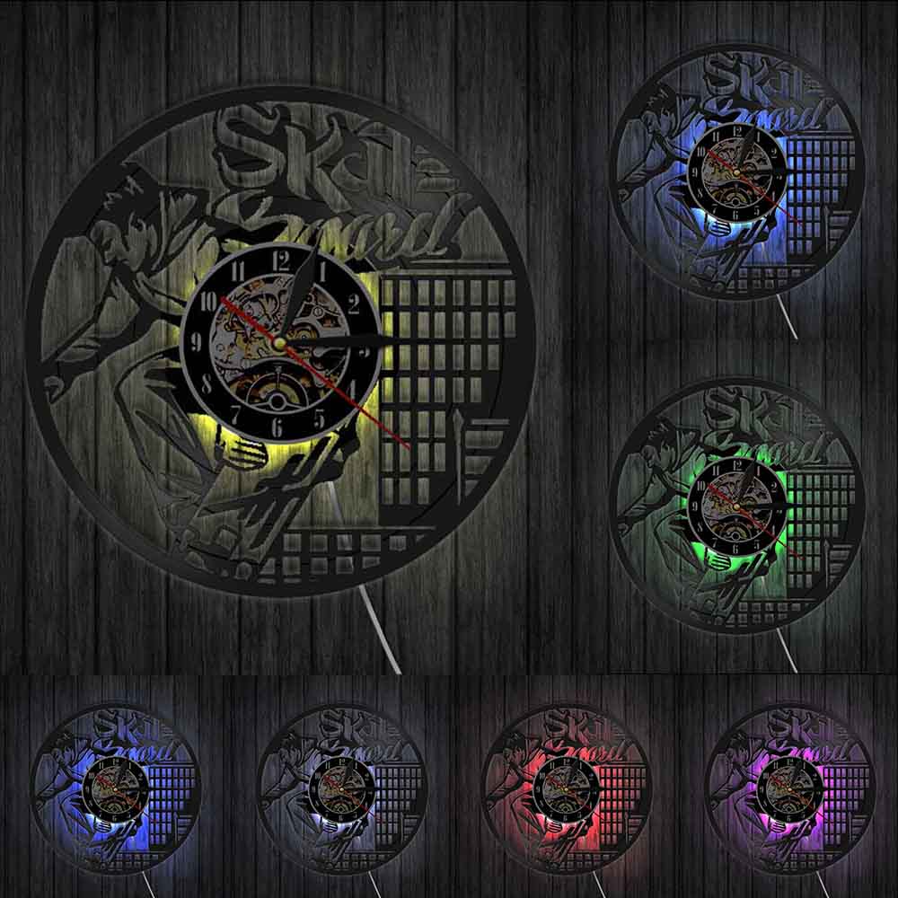Skateboard Extreme Sport High-rise Vinyl Record Wall Clock Skate Boy LED Light Living Room Modern Design Skater Gift by Woody Signs Co. - Handmade Crafted Unique Wooden Creative