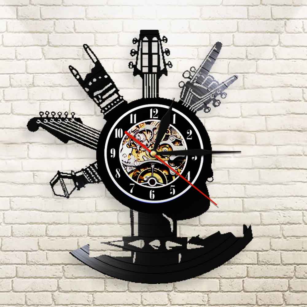 Guitar Vinyl Record Wall Clock Musical Instruments Gifts For Rock Music Fans Home Art Design Decor Clock by Woody Signs Co. - Handmade Crafted Unique Wooden Creative