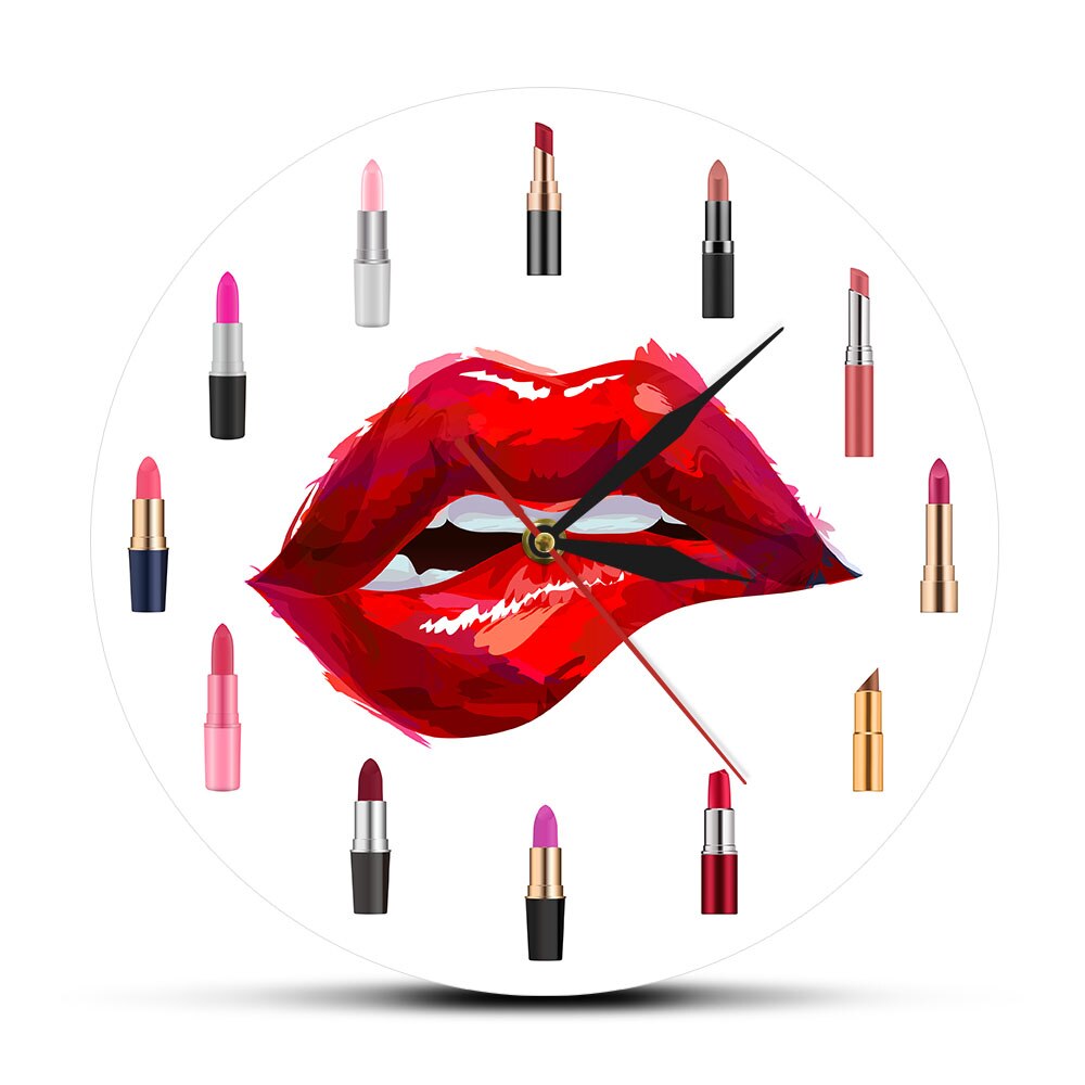 Girly Things Pretty Lipstick Funky Wall Clock Beauty Salon Silent Fashion Makeup Artist Gift idea by Woody Signs Co. - Handmade Crafted Unique Wooden Creative