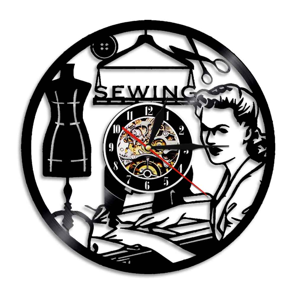 Retro Sewing Machine Wall Clock Quilting Vinyl Disc Record Clock Quilter Gift for Women Handmade Fahshion Store Decor by Woody Signs Co. - Handmade Crafted Unique Wooden Creative