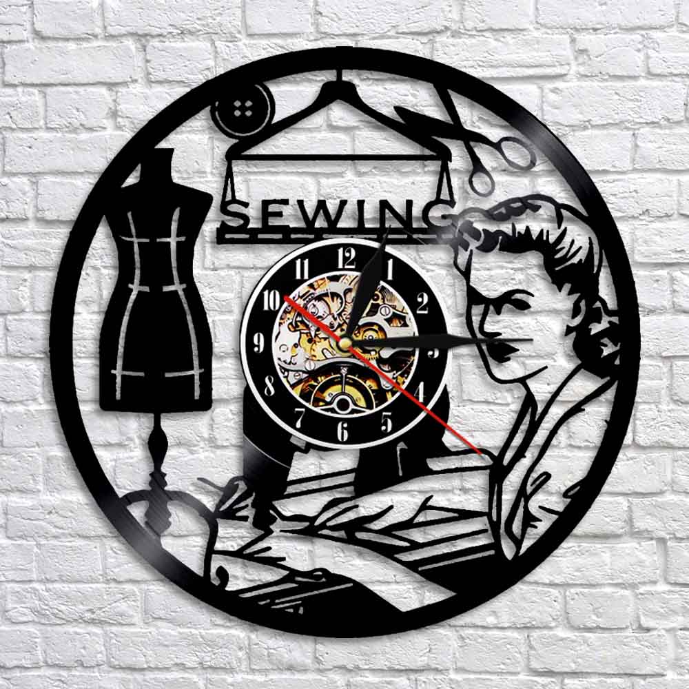 Retro Sewing Machine Wall Clock Quilting Vinyl Disc Record Clock Quilter Gift for Women Handmade Fahshion Store Decor by Woody Signs Co. - Handmade Crafted Unique Wooden Creative