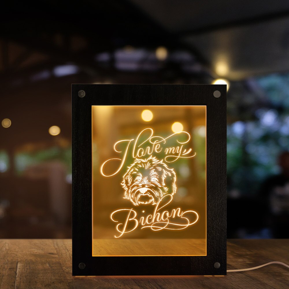 I Love My Bichon Wood LED Night Light Photo Custom Text Display Frame Puppy Dog Pet Owner Memorable by Woody Signs Co. - Handmade Crafted Unique Wooden Creative