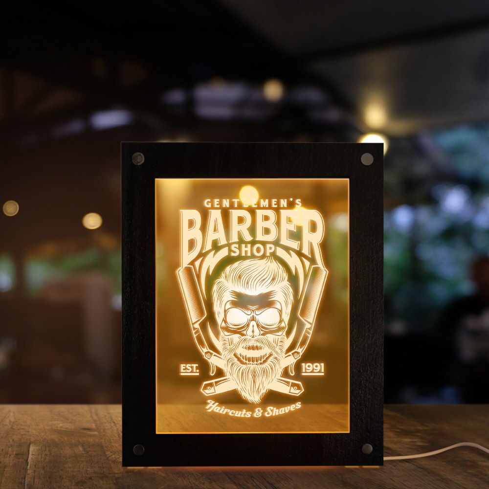 Gentlemen's Barber Shop Desktop LED Lighting Advertisement Board Custom Barber Logo Business Sign Haircuts & Shave Wooden Frame by Woody Signs Co. - Handmade Crafted Unique Wooden Creative