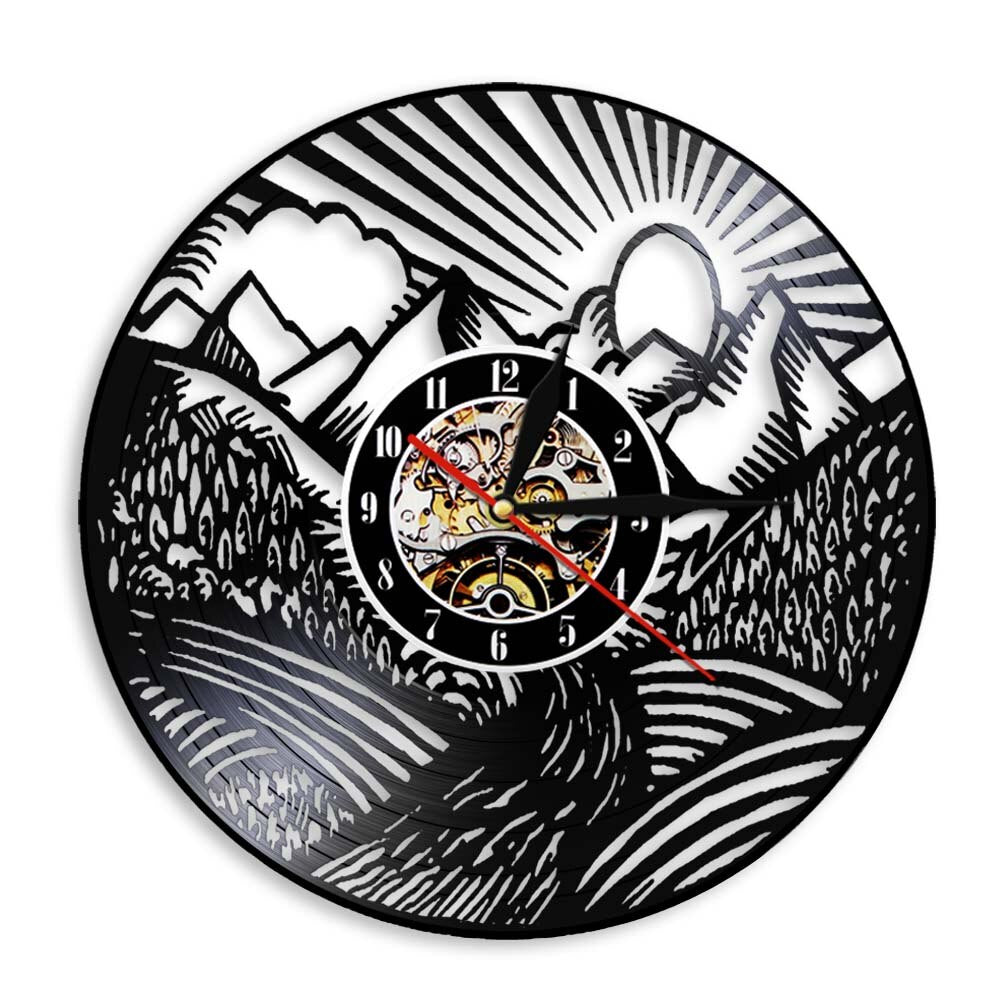 Mountain Landscape  Wall Clock Scenic Landscape Mountain Peak Gold Sun Vinyl Record Wall Clock Traveller Adventurer Gift by Woody Signs Co. - Handmade Crafted Unique Wooden Creative