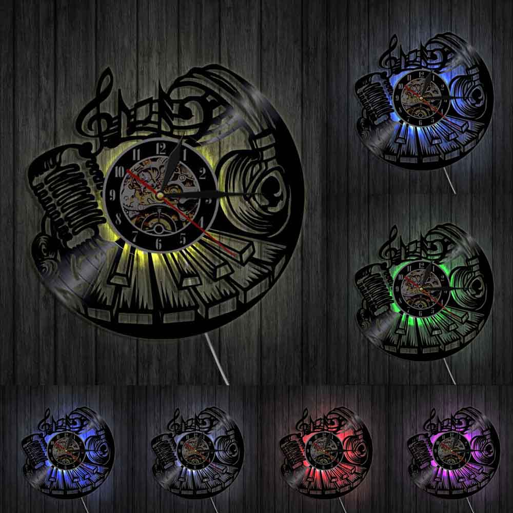 Musical Wall Clock Rock and Roll  Vinyl Record Clock Music Instrument Piano  Microphone Headset Vinyl Clock by Woody Signs Co. - Handmade Crafted Unique Wooden Creative