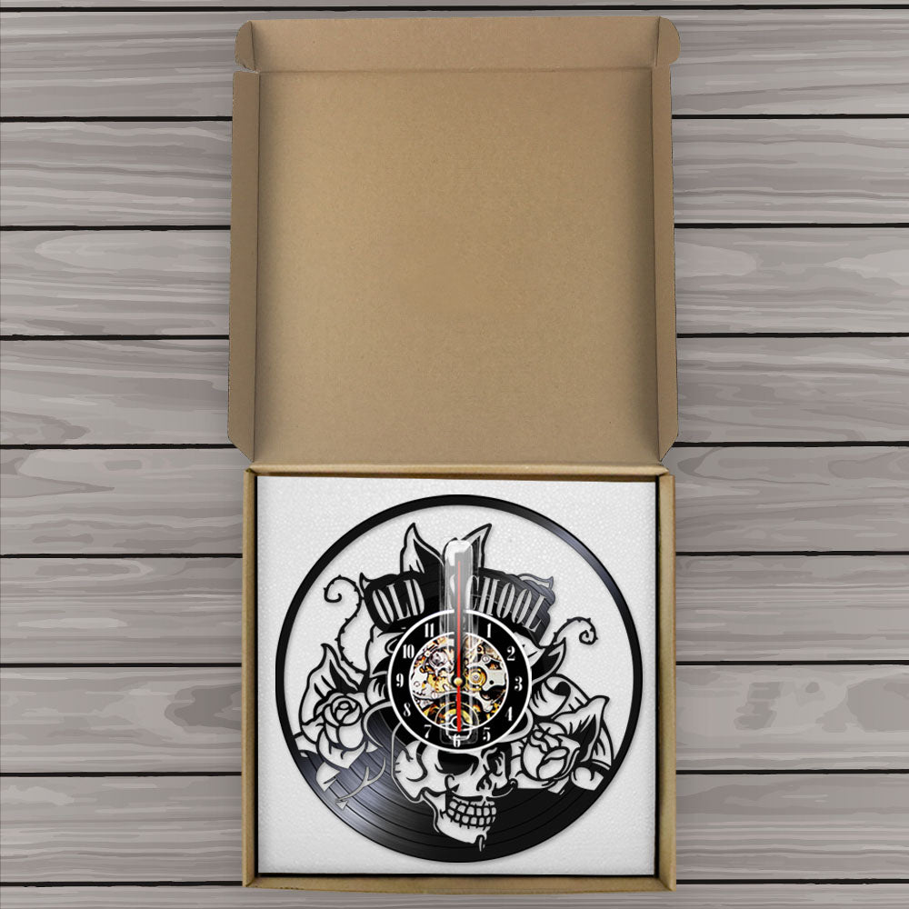 Old School Art Tattoo Studio Wall Sign Silent Vinyl Record Wall Clock Skull with Flower Watch Decor Hipster Men Gift by Woody Signs Co. - Handmade Crafted Unique Wooden Creative
