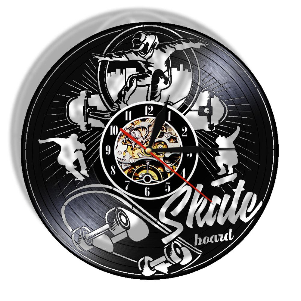 Skate Board Black Vinyl LP Wall Clock Skateboard Roller Skaters Vinyl Record Board Teenage Room Silent Quartz Clock by Woody Signs Co. - Handmade Crafted Unique Wooden Creative