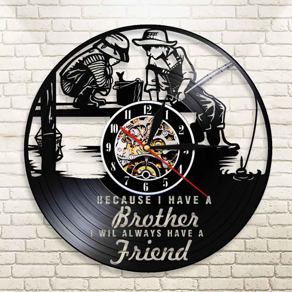 Friendship Quotes Brothers Bedroom Wall Clock Kids Fishing Nursery Wall Clock Brotherhood Vinyl Record Art Clock by Woody Signs Co. - Handmade Crafted Unique Wooden Creative